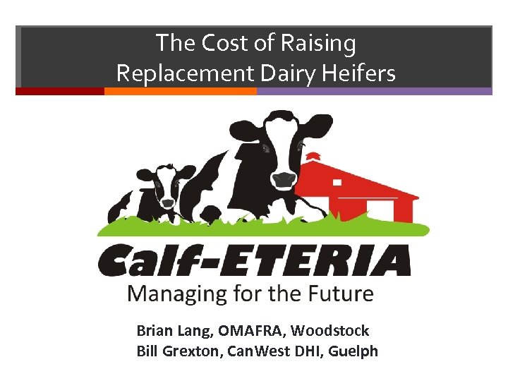 The Cost of Raising Replacement Dairy Heifers Brian Lang, OMAFRA, Woodstock Bill Grexton, Can.