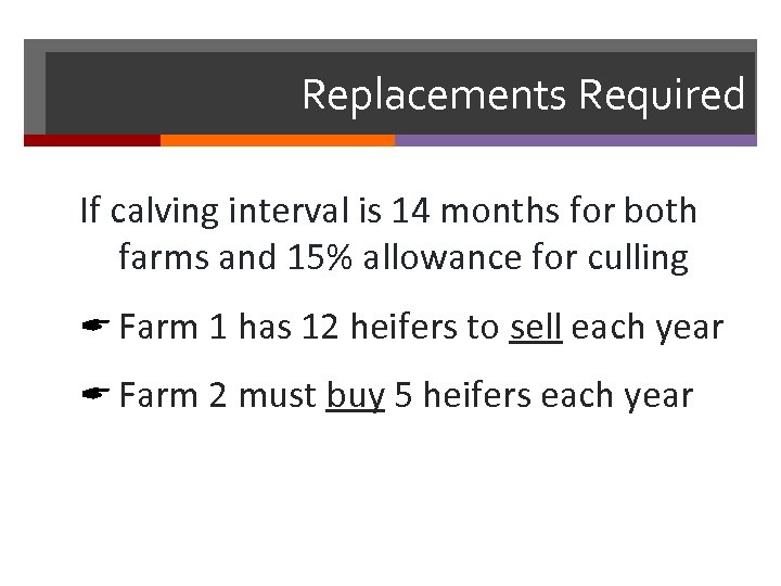 Replacements Required If calving interval is 14 months for both farms and 15% allowance