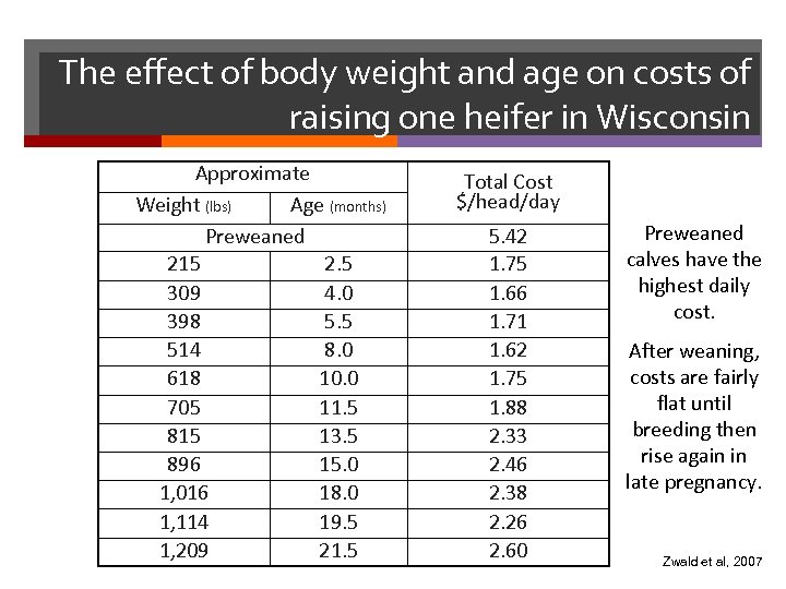 The effect of body weight and age on costs of raising one heifer in