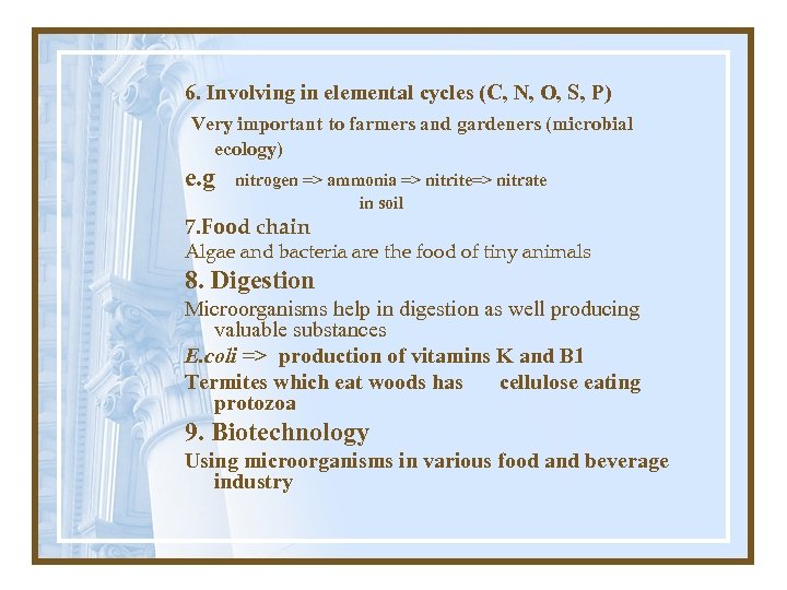 6. Involving in elemental cycles (C, N, O, S, P) Very important to farmers