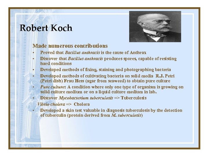 Robert Koch Made numerous contributions • • Proved that Bacillus anthracis is the cause