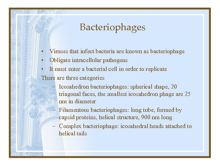 Bacteriophages • Viruses that infect bacteria are known as bacteriophage • Obligate intracellular pathogens