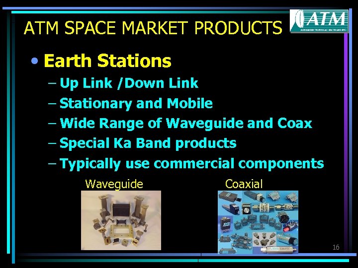 ATM SPACE MARKET PRODUCTS • Earth Stations – Up Link /Down Link – Stationary