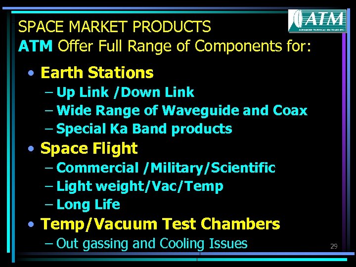 SPACE MARKET PRODUCTS ATM Offer Full Range of Components for: • Earth Stations –