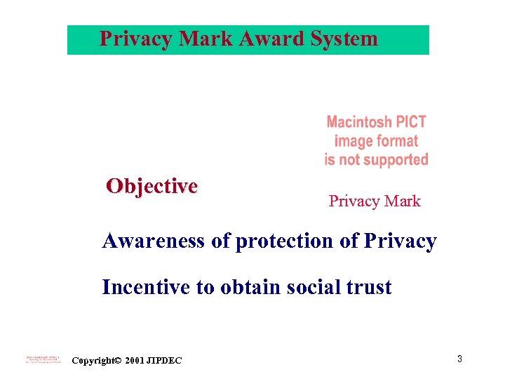 Privacy Mark Award System Objective Privacy Mark Awareness of protection of Privacy Incentive to