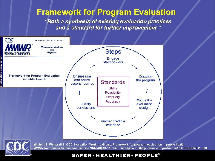Framework for Program Evaluation “Both a synthesis of existing evaluation practices and a standard