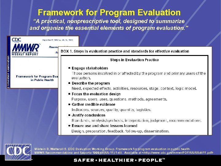 Framework for Program Evaluation “A practical, nonprescriptive tool, designed to summarize and organize the