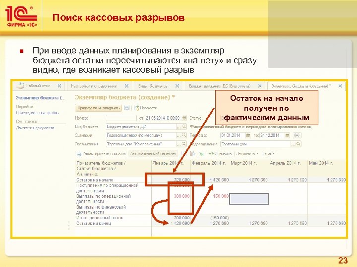 Поиск кассовых разрывов При вводе данных планирования в экземпляр бюджета остатки пересчитываются «на лету»