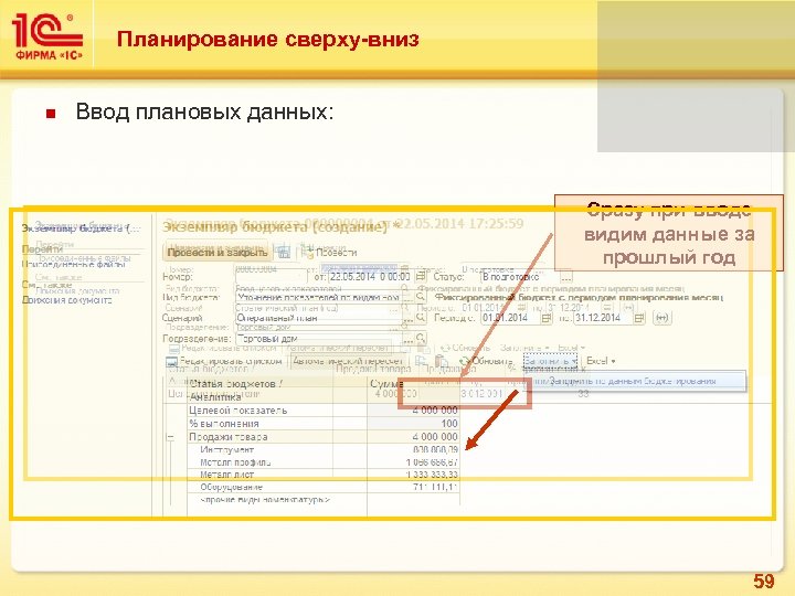 Планирование сверху-вниз Ввод плановых данных: Сразу при вводе видим данные за прошлый год 59
