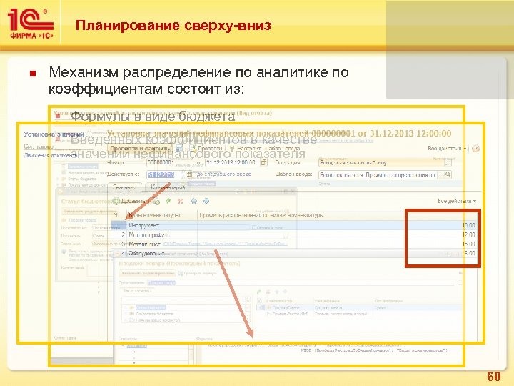 Планирование сверху-вниз Механизм распределение по аналитике по коэффициентам состоит из: § Формулы в виде
