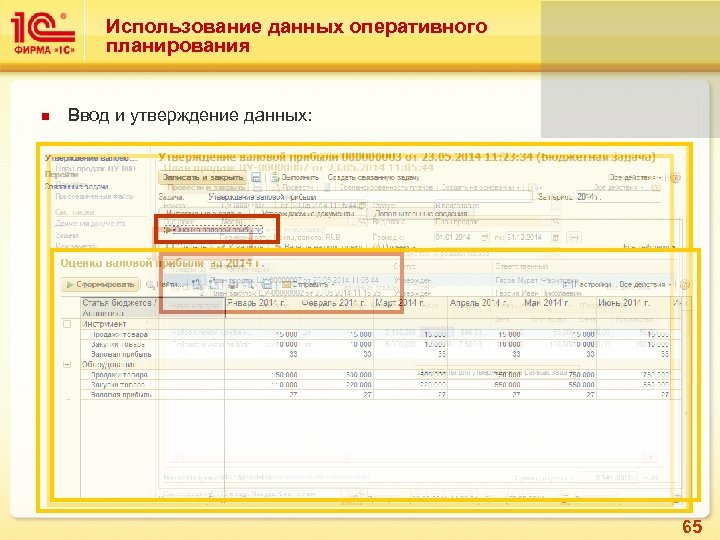 Использование данных оперативного планирования Ввод и утверждение данных: 65 