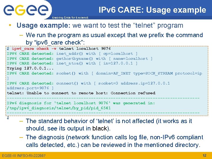 IPv 6 CARE: Usage example Enabling Grids for E-scienc. E • Usage example: we