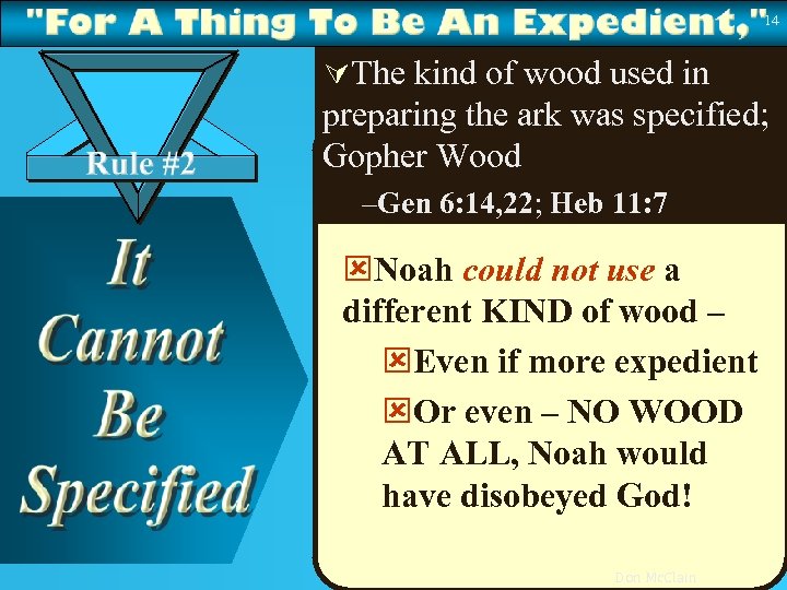 14 ÚThe kind of wood used in preparing the ark was specified; Gopher Wood