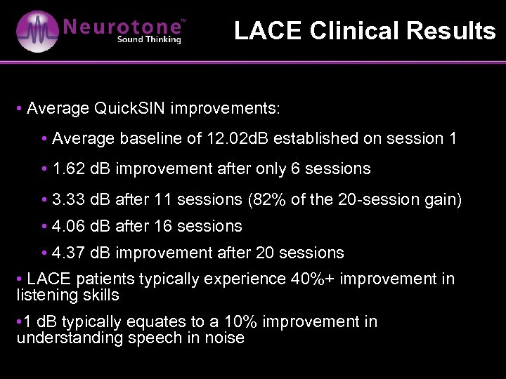 LACE Clinical Results • Average Quick. SIN improvements: • Average baseline of 12. 02