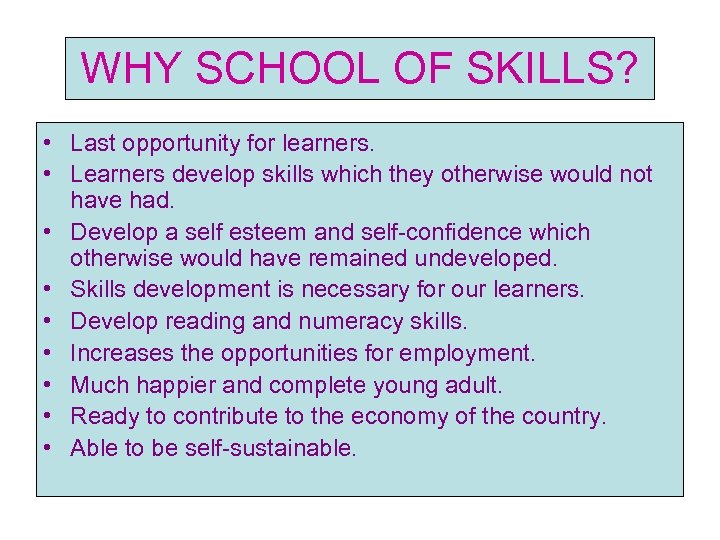 WHY SCHOOL OF SKILLS? • Last opportunity for learners. • Learners develop skills which