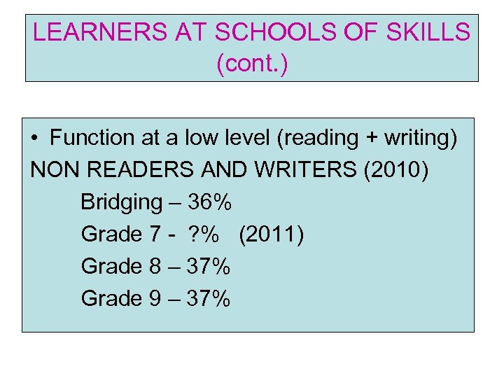 LEARNERS AT SCHOOLS OF SKILLS (cont. ) • Function at a low level (reading