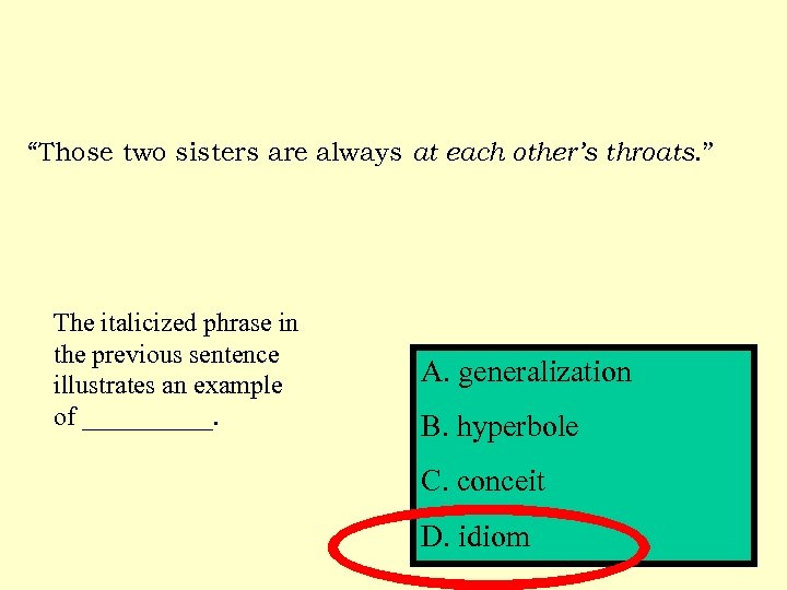 “Those two sisters are always at each other’s throats. ” The italicized phrase in