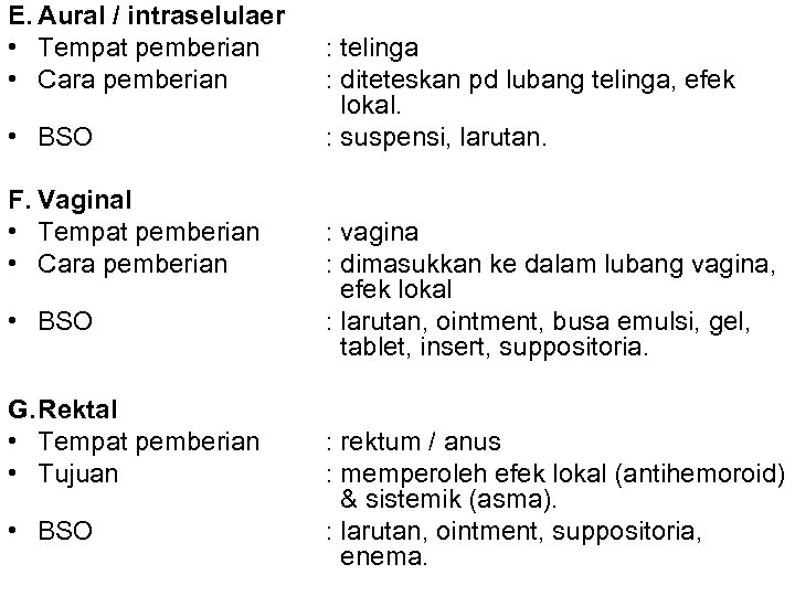E. Aural / intraselulaer • Tempat pemberian • Cara pemberian • BSO F. Vaginal