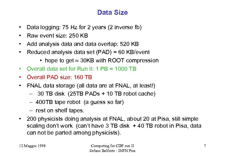Data Size • • Data logging: 75 Hz for 2 years (2 inverse fb)