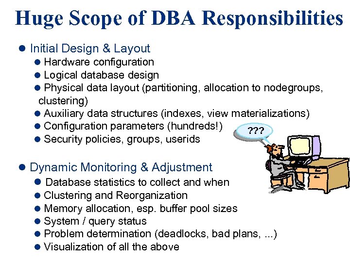 Huge Scope of DBA Responsibilities l Initial Design & Layout l Hardware configuration l