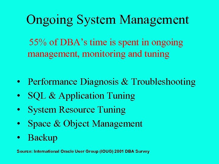 Ongoing System Management 55% of DBA’s time is spent in ongoing management, monitoring and