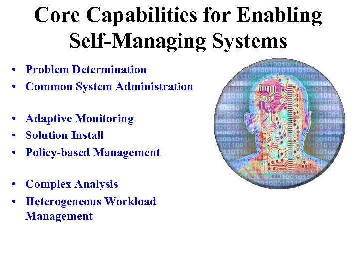 Core Capabilities for Enabling Self-Managing Systems • Problem Determination • Common System Administration •