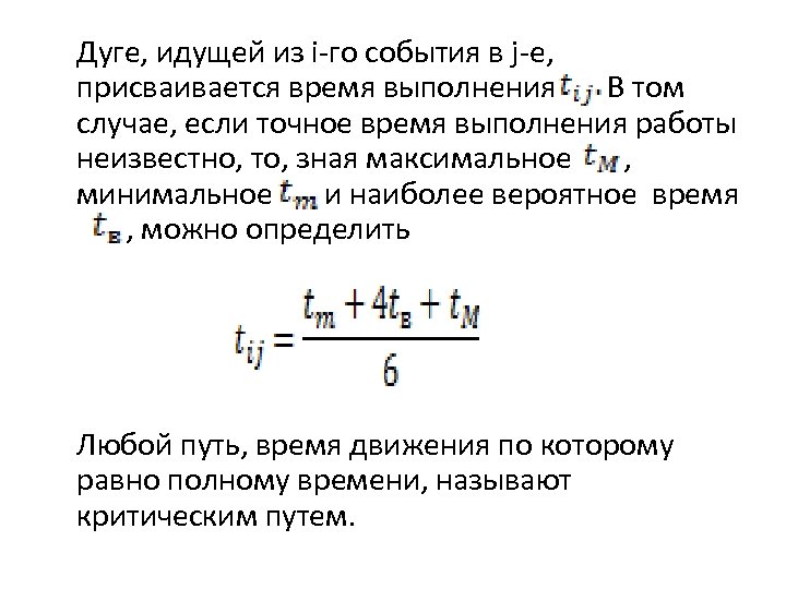 Дуге, идущей из i-гo события в j-e, присваивается вpeмя выполнения В том случае, если