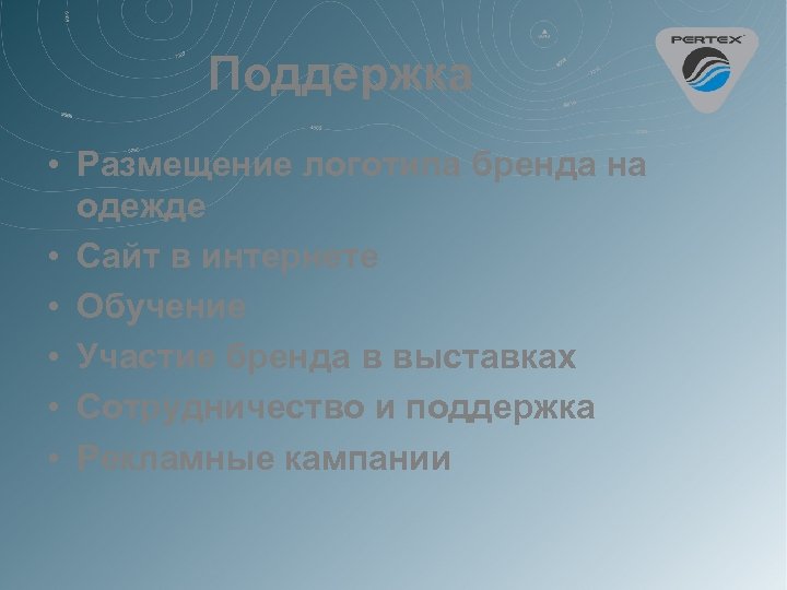 Поддержка • Размещение логотипа бренда на одежде • Сайт в интернете • Обучение •