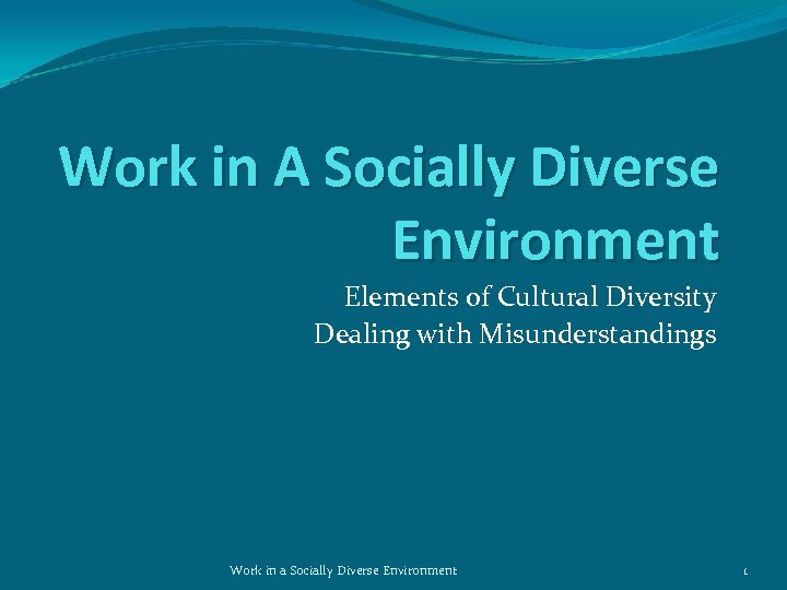 Work in A Socially Diverse Environment Elements of Cultural Diversity Dealing with Misunderstandings Work