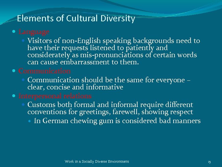 Elements of Cultural Diversity Language Visitors of non-English speaking backgrounds need to have their