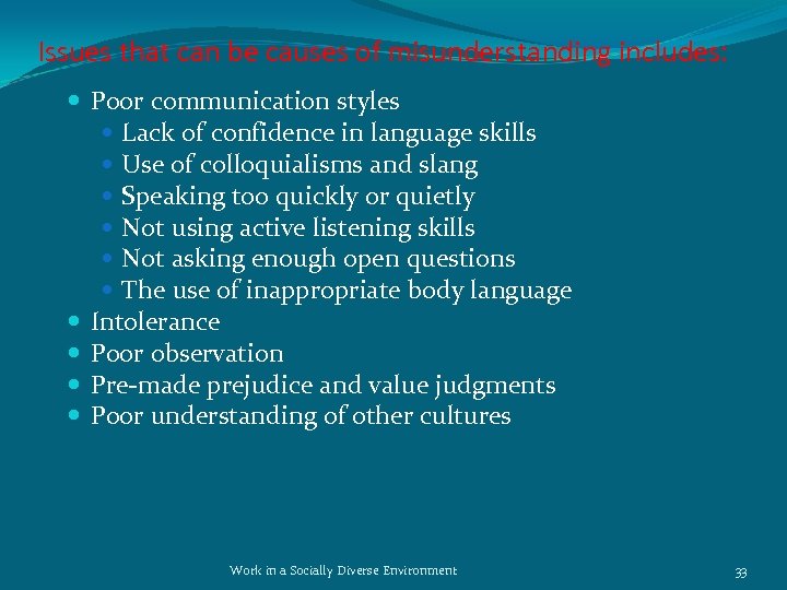 Issues that can be causes of misunderstanding includes: Poor communication styles Lack of confidence