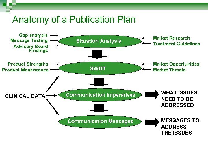 Anatomy of a Publication Plan Gap analysis Message Testing Advisory Board Findings Product Strengths