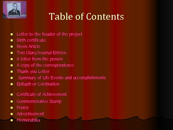 Table of Contents l Letter to the Reader of the project Birth certificate News