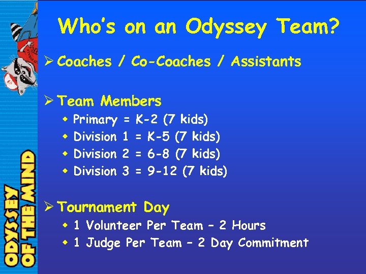 Who’s on an Odyssey Team? Ø Coaches / Co-Coaches / Assistants Ø Team Members