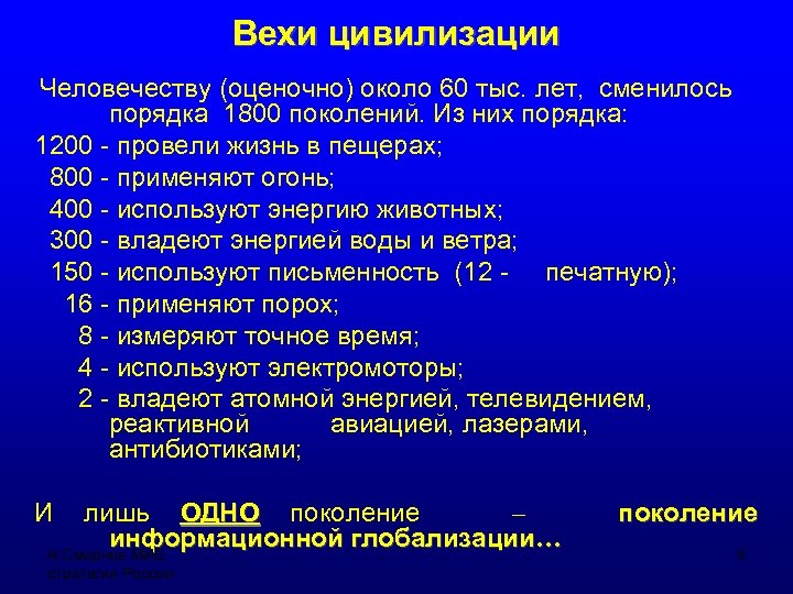 Вехи цивилизации Человечеству (оценочно) около 60 тыс. лет, сменилось порядка 1800 поколений. Из них