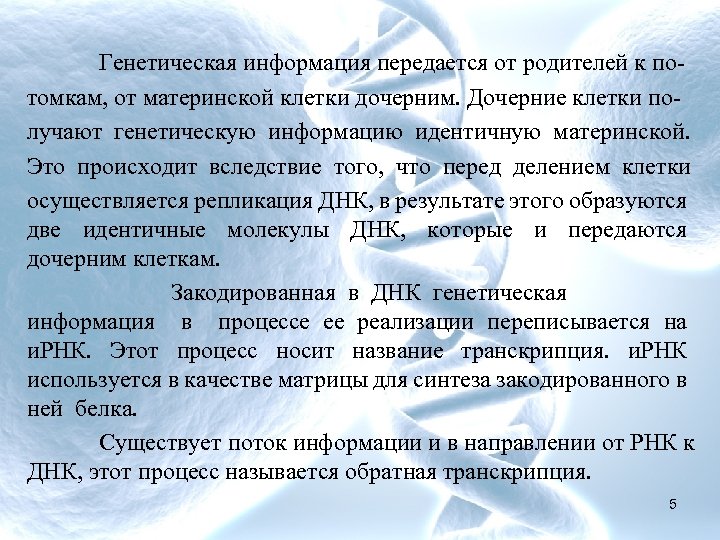 Генетическая информация передается от родителей к по томкам, от материнской клетки дочерним. Дочерние клетки