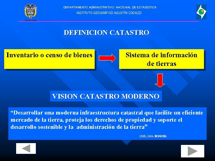 DEPARTAMENTO ADMINISTRATIVO NACIONAL DE ESTADÍSTICA INSTITUTO GEOGRÁFICO AGUSTÍN CODAZZI DEFINICION CATASTRO Inventario o censo