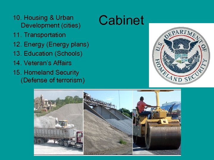 10. Housing & Urban Development (cities) 11. Transportation 12. Energy (Energy plans) 13. Education