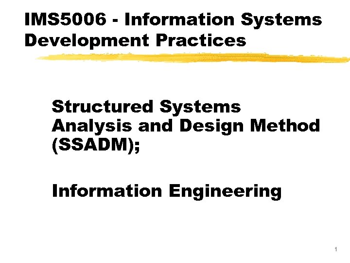 IMS 5006 - Information Systems Development Practices Structured Systems Analysis and Design Method (SSADM);