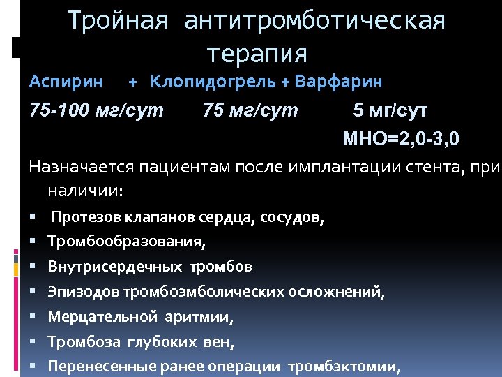 Тройная антитромботическая терапия Аспирин + Клопидогрель + Варфарин 75 -100 мг/сут 75 мг/сут МНО=2,