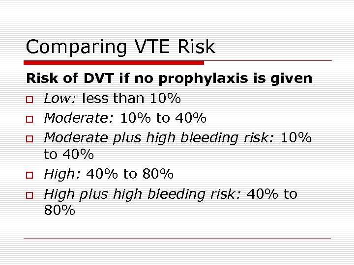 Comparing VTE Risk of DVT if no prophylaxis is given o Low: less than