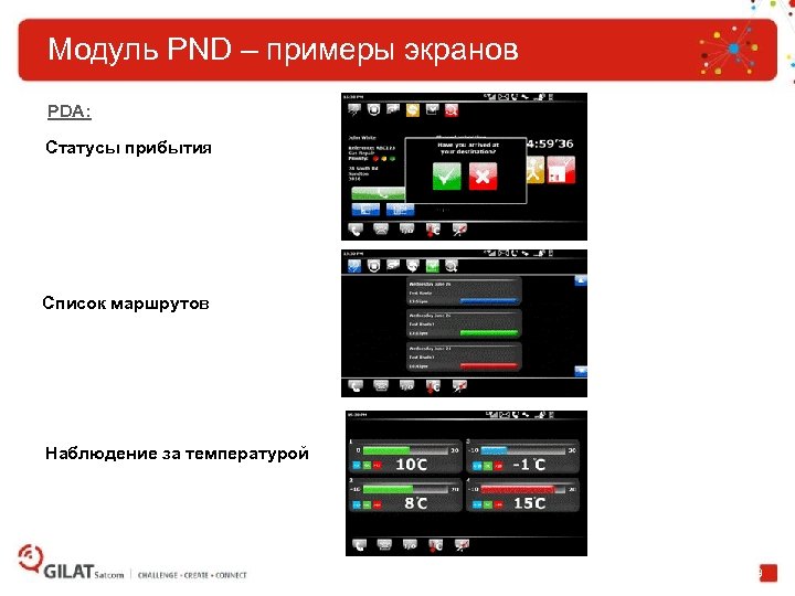 Модуль PND – примеры экранов PDA: Статусы прибытия Список маршрутов Наблюдение за температурой 29
