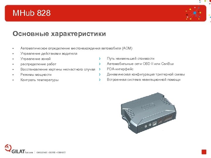 MHub 828 Основные характеристики • • Автоматическое определение местонахождения автомобиля (АОМ) Управление действиями водителя