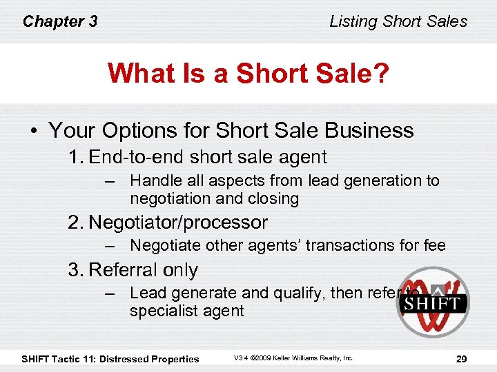 Chapter 3 Listing Short Sales What Is a Short Sale? • Your Options for