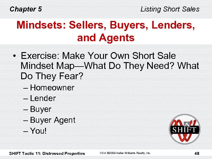 Chapter 5 Listing Short Sales Mindsets: Sellers, Buyers, Lenders, and Agents • Exercise: Make