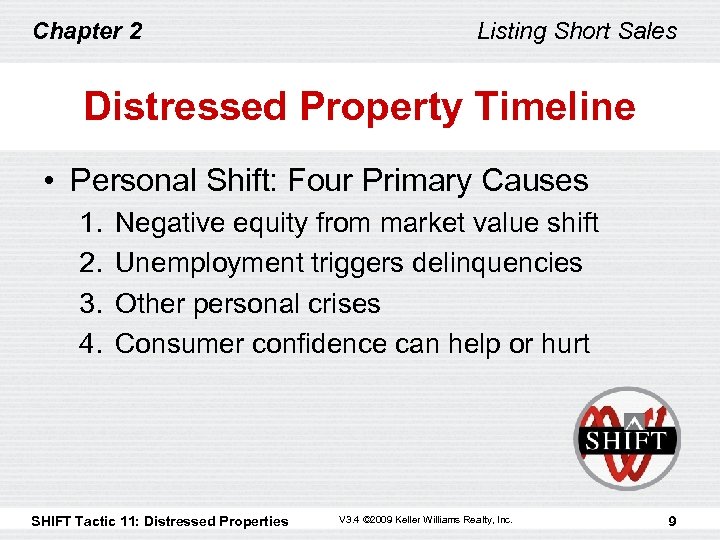 Chapter 2 Listing Short Sales Distressed Property Timeline • Personal Shift: Four Primary Causes