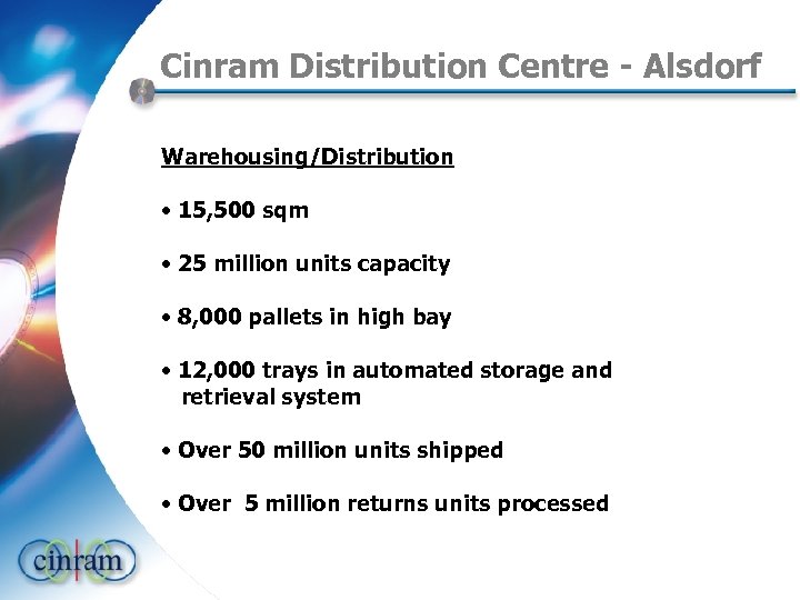 Cinram Distribution Centre - Alsdorf Warehousing/Distribution • 15, 500 sqm • 25 million units