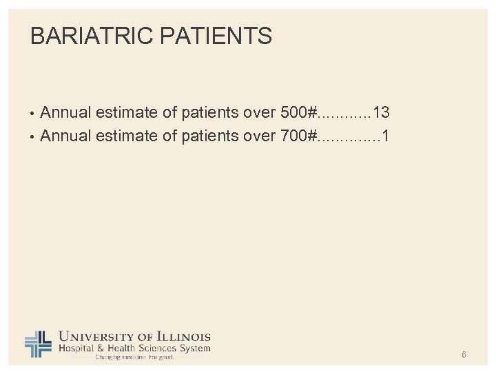 BARIATRIC PATIENTS Annual estimate of patients over 500#. . . 13 • Annual estimate