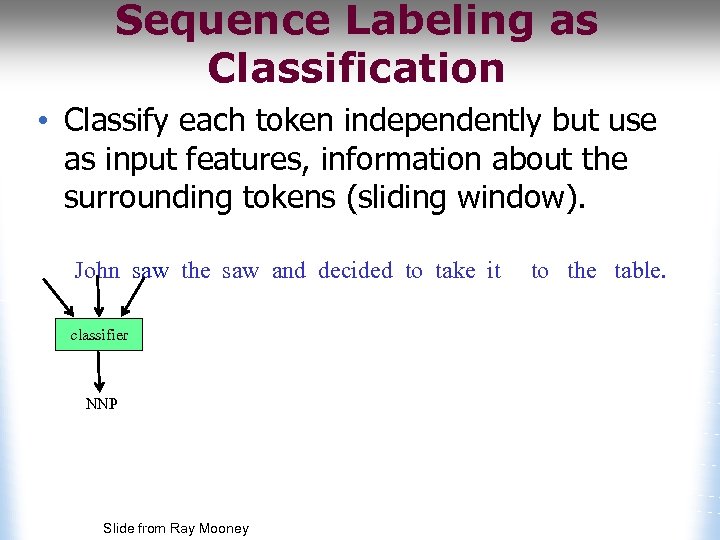 Sequence Labeling as Classification • Classify each token independently but use as input features,