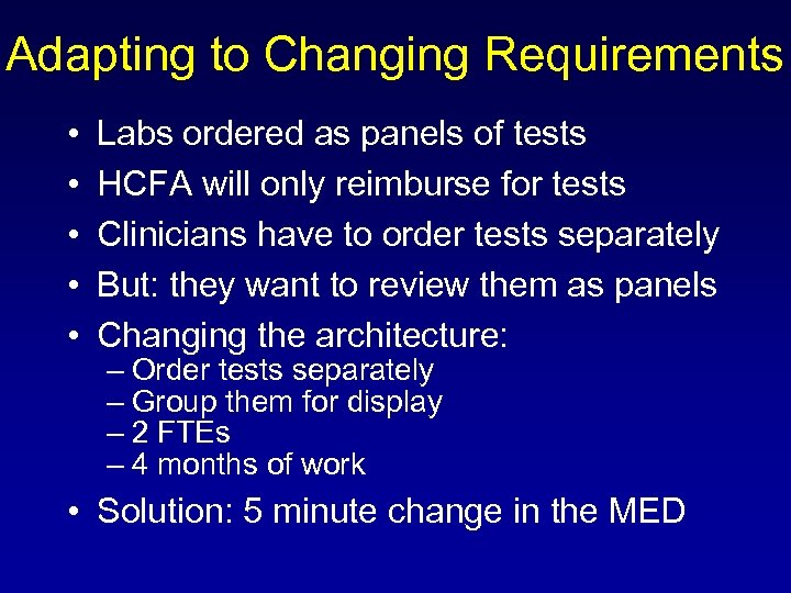 Adapting to Changing Requirements • • • Labs ordered as panels of tests HCFA
